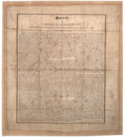 Jeffersonův první inaugurační projev, tiskl Pechin, Baltimore, 4. března 1801 (litho na hedvábí) od American School