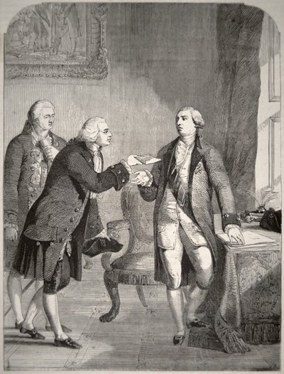 John Adams (1735-1826) jako první americký velvyslanec u anglického dvora, předal své pověřovací listiny králi Jiřímu III. (1738-1820) (litografie) od American School