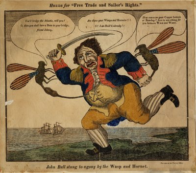 John Bull bodnutý k agónii vosou a sršní, 1813 (ručně kolorovaný reliéfní řez) od American School