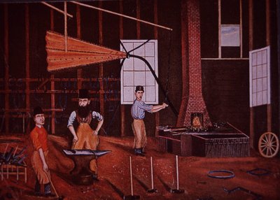 John Mohler Studebaker (uprostřed), německo-americký výrobce vozů v dílně, kolem 1858 (barevné lito) od American School