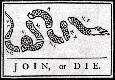 Kresba Join or Die je první politickou karikaturou publikovanou v „Pennsylvania“, Gazette od Benjamina Franklina v roce 1754. Představuje hada rozděleného do několika sekcí s legendou „“ Join or Die““. Toto je výzva k 13. americkému c od American School