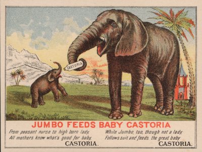 Jumbo krmí miminko Castoria, reklama na Fletcherův lék Castoria, kde je slavný cirkusový slon P. T. Barnuma od American School