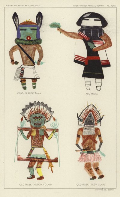 Kwacus Alek Taka, Alo Mana, Stará maska (klan Katcina), Stará maska (klan Tcua) (barevná litografie) od American School