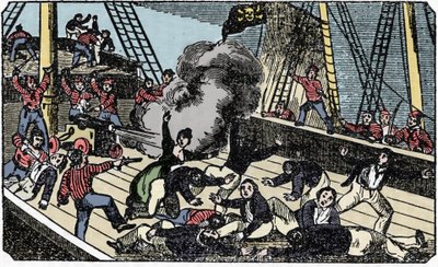 Smrt pirátského gentlemana Jeana Lafittea (1780-1826), rytina „Pirátská vlastní kniha“ 1837. od American School