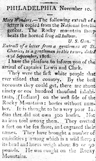 Dopis oznamující příjezd kapitánů Lewise a Clarka z The Boston Intelligencer, 19. listopadu 1806 (tisk) od American School