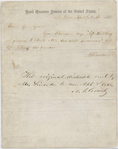 Dopis Abrahama Lincolna generálu Ulysses S. Grantovi, 7. dubna 1865 od American School