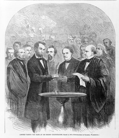 Lincoln složil přísahu na své druhé inauguraci, 4. března 1865, publikováno 1865 od American School