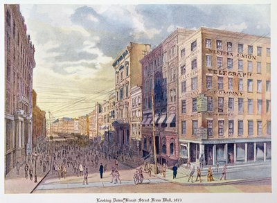 Pohled dolů na Broad Street z Wall v roce 1873, ilustrace ze starého New Yorku, včera a dnes, Henry Collins Brown, 1922 od American School