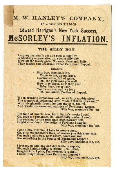 Col. M. W. Hanleys představuje Edwarda Harriganse nejnovější N. Y. Success, McSorleys Inflation [divadelní karta]. Verso, kolem roku 1882 (litografie [vizitka]) od American School