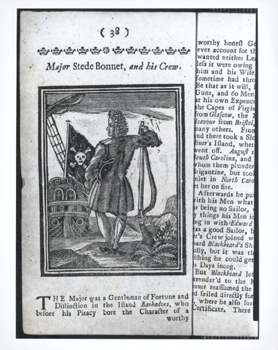 Major Stepe Bonnet, strana 38 z Historie a životy všech nejznámějších pirátů a jejich posádek, Londýn, 1725 od American School