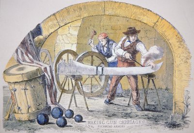 Výroba konfederačních lafet v Tredegar Iron Works v Richmondu ve Virginii (barevná rytina) od American School