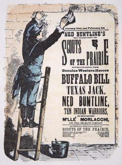 Muž vystavující účet divadla za hru „Scouts of the Prairie“ v hlavní roli Buffalo Bill Cody (1846-1917), Texas Jack (1846-79) a Ned Buntline (1823-86) kolem roku 1874 (barevná rytina) od American School
