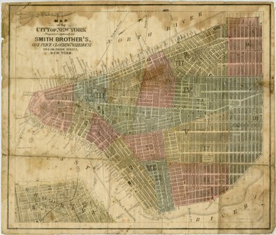 Mapa města New York: připravena speciálně pro Smith Brother?s, sklad oblečení za jednu cenu... připravil J.H. Colton & Co., 1854-1869 (černý a barevný inkoust na papíře) od American School
