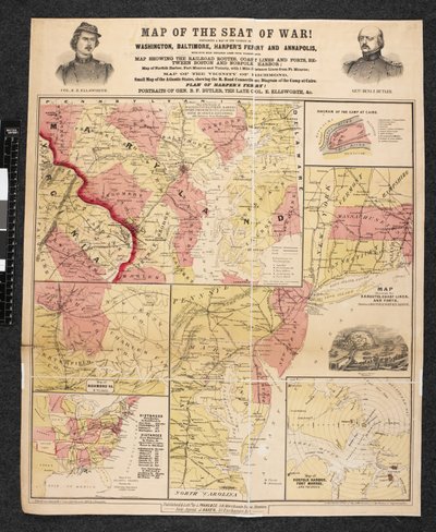 Mapa sídla války. Obsahuje mapu okolí Washingtonu, Baltimoru, Harper