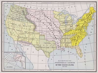 Mapa znázorňující územní růst Spojených států (barevné rytí) od American School