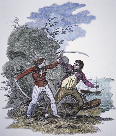 Mary Read bojuje s dalším pirátem, aby zachránila život svému milenci (barevná rytina) od American School
