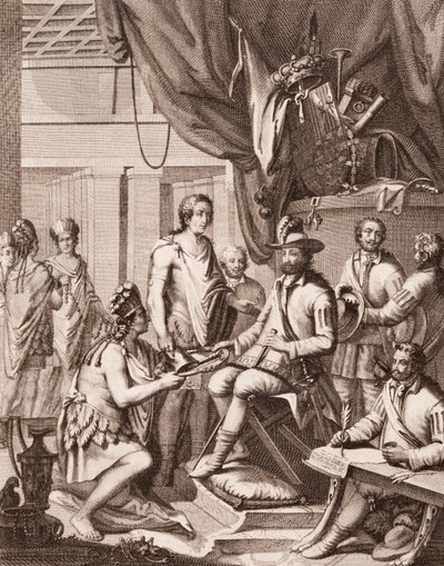 Montezuma předává svou říši španělskému králi, vzdává mu hold a slibuje poslušnost, od Antonia de Solis y Rivadeneira Solis Historie dobytí Mexika, vyryla Ximeno od American School
