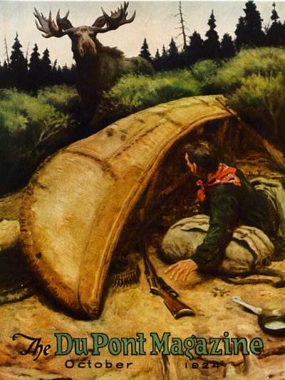 Moose attack!, přední obálka časopisu DuPont, říjen 1924 od American School