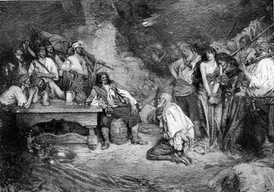 Morgan v Porto Bello po „Buccaneers and Marooners of the Spanish Main“ od Howarda Pylea od American School