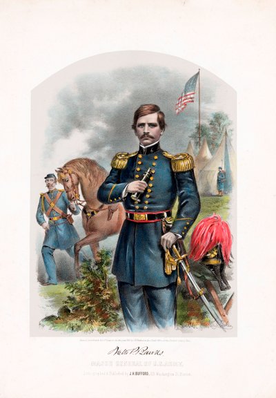 Nathaniel P. Banks, generálmajor U.S. Army, hospoda. 1861 barevná litografie od American School