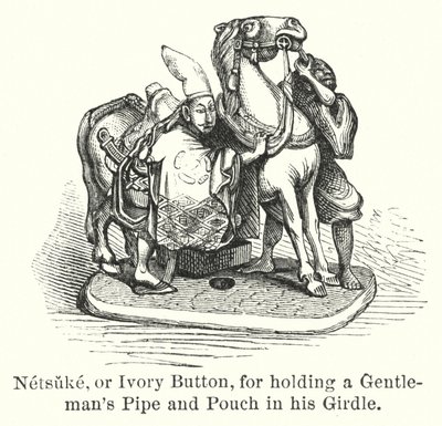 Netsuke, neboli Ivory Button, za držení dýmky a váčku pro gentlemana ve svém opasku (rytina) od American School