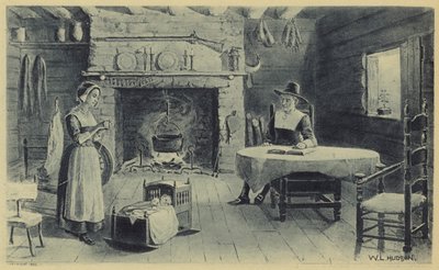 Domov průkopníků Nové Anglie (litografie) od American School