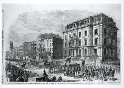New York City: Demonstrace barevných obyvatel New Yorku na počest přijetí patnáctého dodatku k ústavě Spojených států, 8. dubna 1870, z 