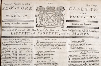 Tiráž New York Gazette vyjadřující svůj odpor ke známkám, vytištěno 7. listopadu 1765 (tisk) od American School