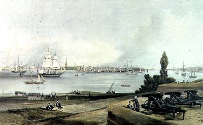 New York ze severozápadního úhlu Fort Columbus od American School