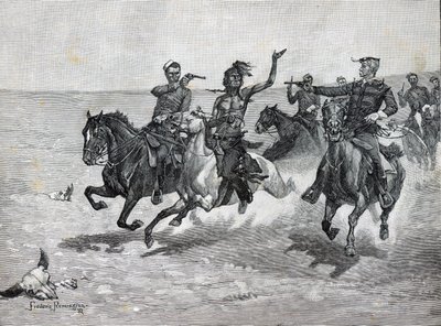 Severozápadní jízdní policie „Zatčení vraha Blackfeet“ (litho) od American School