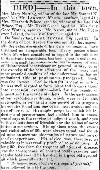 Nekrologní stránka z Boston Intelligencer, 16. května 1818 (tisk) od American School