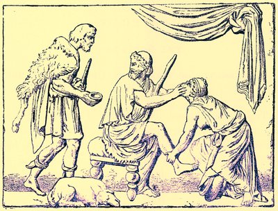 Odysseus rozpoznán jeho ošetřovatelkou, ilustrace z Dějiny Řecka od Victora Duruye, publikovaná v roce 1890 (digitálně vylepšený obrázek) od American School