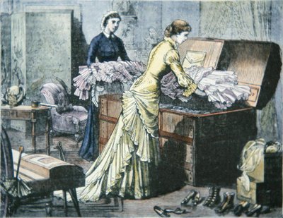 Balení kufru Saratoga na cestu vlakem do Saratoga Springs, New York, kolem roku 1880 (barevná rytina) od American School