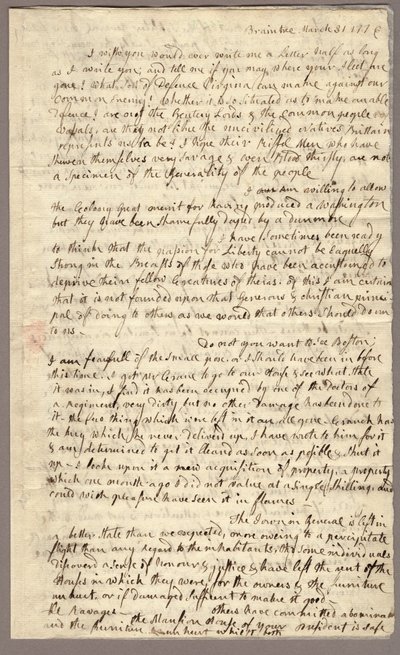 Strana 1, Dopis Abigail Adamsové Johnu Adamsovi, 31. března – 5. dubna 1776 (inkoust na papíře) od American School