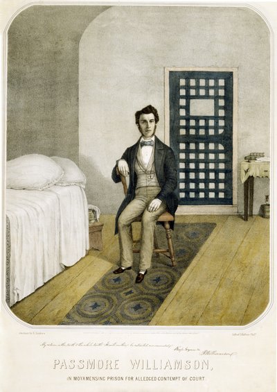 Passmore Williamson ve věznici Moyamensing za údajné pohrdání soudem, pub. 1855 (barevná litografie) od American School