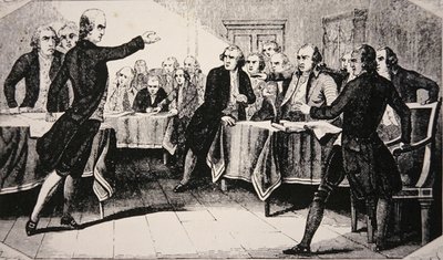Patrick Henry před shromážděním ve Virginii v březnu 1775 (litho) od American School