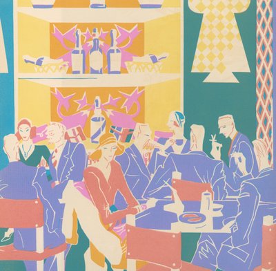 Patroni u stolů v jazzovém klubu ve stylu art deco od American School