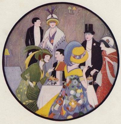 Společenské setkání lidí po představení, scéna z povídky After The Play od J. A. Waldrona (barevná litografie) od American School