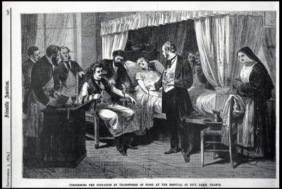 Provádění operace transfuze krve v nemocnici Pity, Paříž, Francie, ilustrace od American Scientist od American School