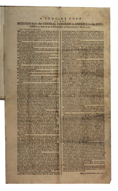 Petice z Generálního kongresu v Americe králi, Kontinentální kongres, 26. října 1774 od American School