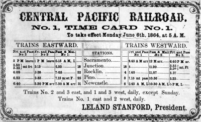 Fotografický tisk původního jízdního řádu Central Pacific Railroad Companys pro 6. června 1864, 1864 od American School
