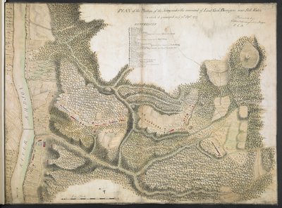 Plán postavení armády pod velením npor. Genl. Burgoyne u Still Water, ve kterém se na vás utábořilo. 20. září 1777 od American School