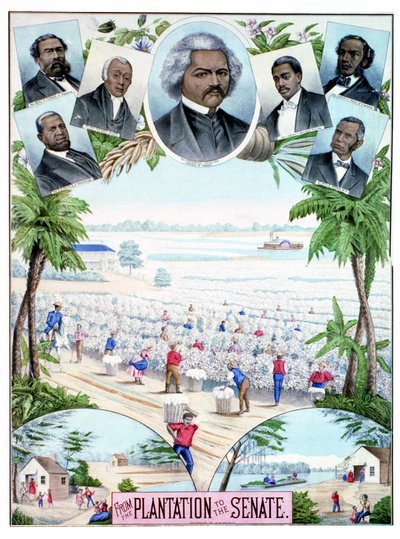 Plantáže v Senátu: ilustrace zobrazující černé dělníky na bavlníkových plantážích a černé senátory na jihu Spojených států. od American School
