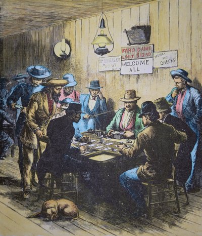 Hra na Faro v saloonu v Cheyenne, Wyoming, kolem roku 1870 (barevná rytina) od American School