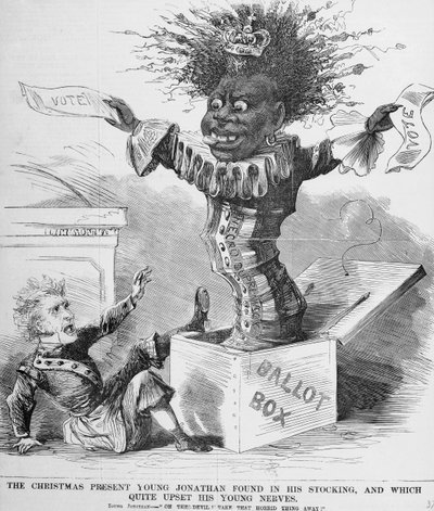 Politická karikatura zobrazující prezidenta Andrewa Jacksona (1767–1845) vystrašeného vyhlídkou na černé hlasování v Americe od American School