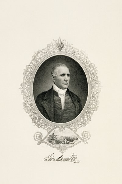 Portrét Sama Houstona s výhledem na město, c. 1855-c. 1860 (rytina s ocelovým lícem na tkaném papíře) od American School