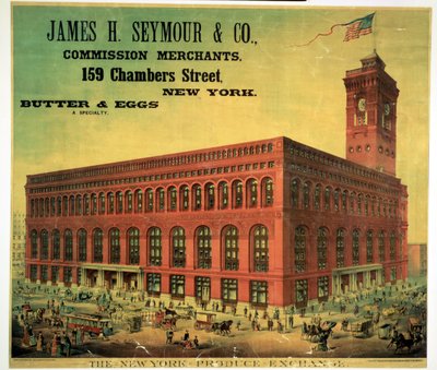 Reklamní plakát James H. Seymour & Co. Commission Merchants na New York Produce Exchange, vyrytý Sacketem, Wilhelmsem a Betzigem, kolem roku 1885 od American School