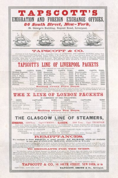 Reklamní plakát Tapscotts Emigration and Foreign Exchange Offices, New York, leden 1859 od American School