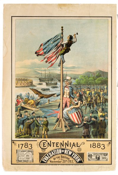 Plakát propagující sté výročí evakuace New Yorku Brity 25. listopadu 1783, 1883 od American School