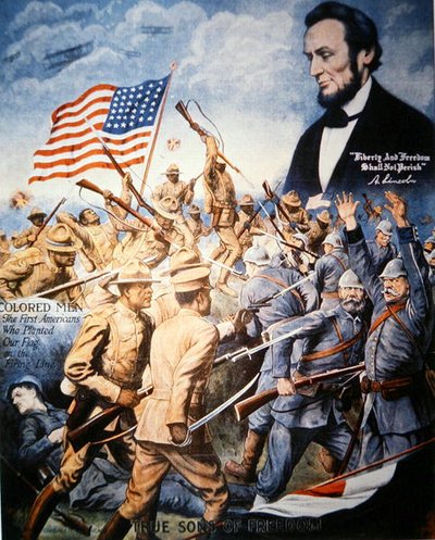 Plakát oslavující hrdinství afroamerických vojáků v první světové válce (barevné lito) od American School